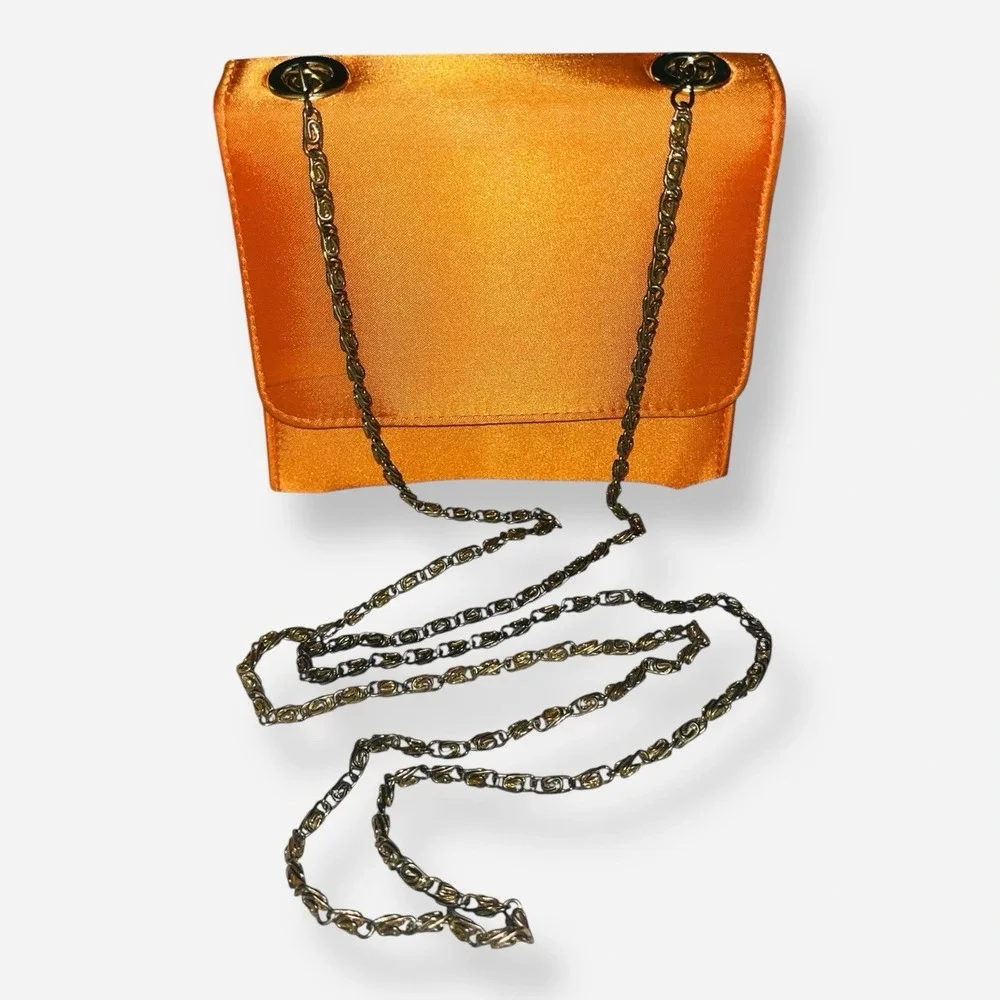 Vintage Satin Clutch Evening Bag Silk Orange Gold Chain‎ Crossbody Clutch
